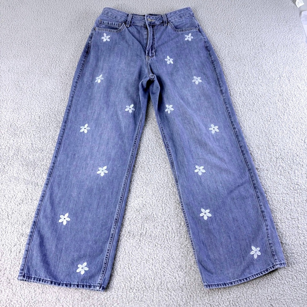 Hollister Floral Embroidered Baggy Jeans Womens 5S/27S Blue Ultra High Rise Y2K
